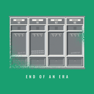 End of an Era locker graphic close-up on Kelly green, showing Graham 55, Cox 91, Kelce 62, and Johnson 65